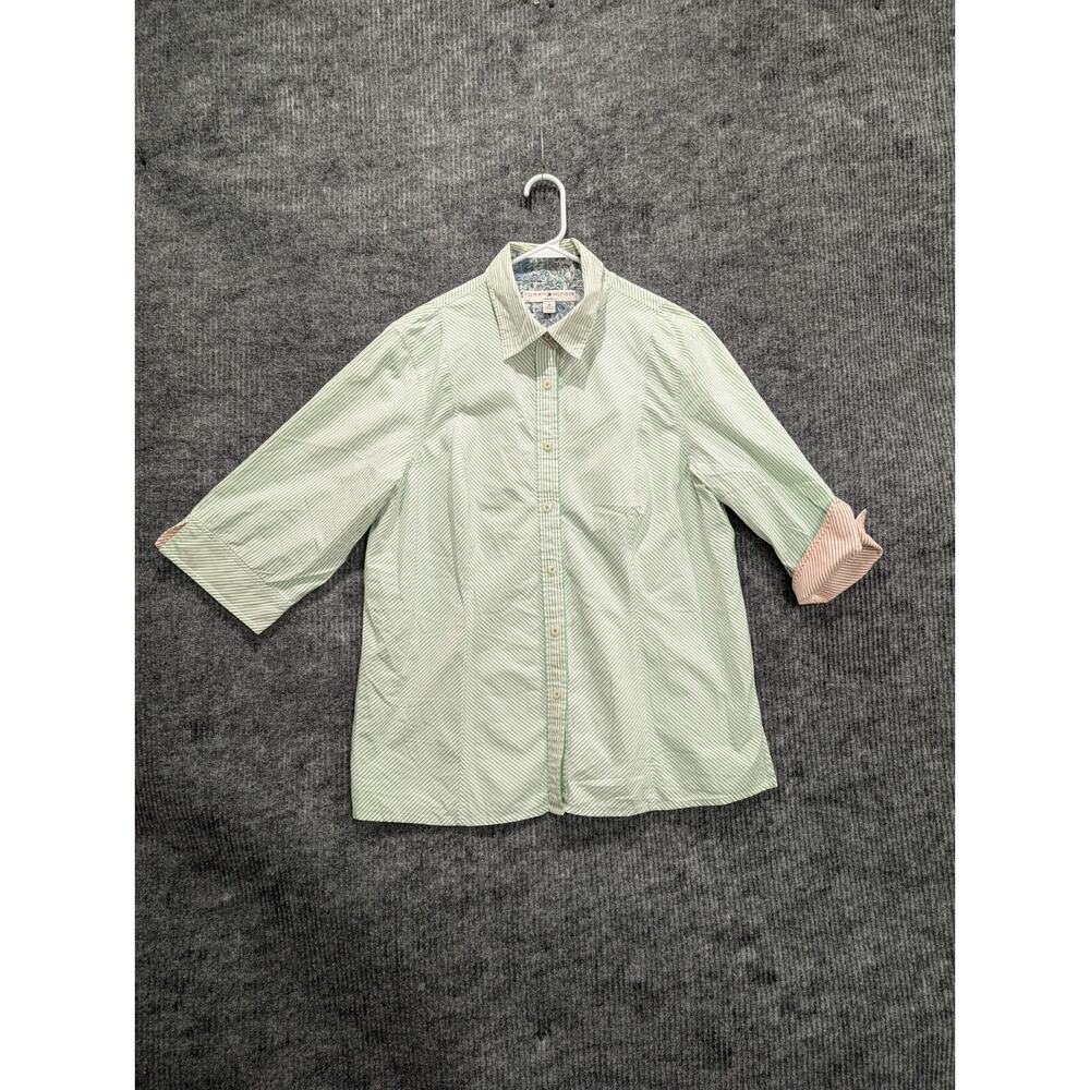 Tommy Hilfiger Women's Green & White Striped Flip Cuff Button Up Top Size 16